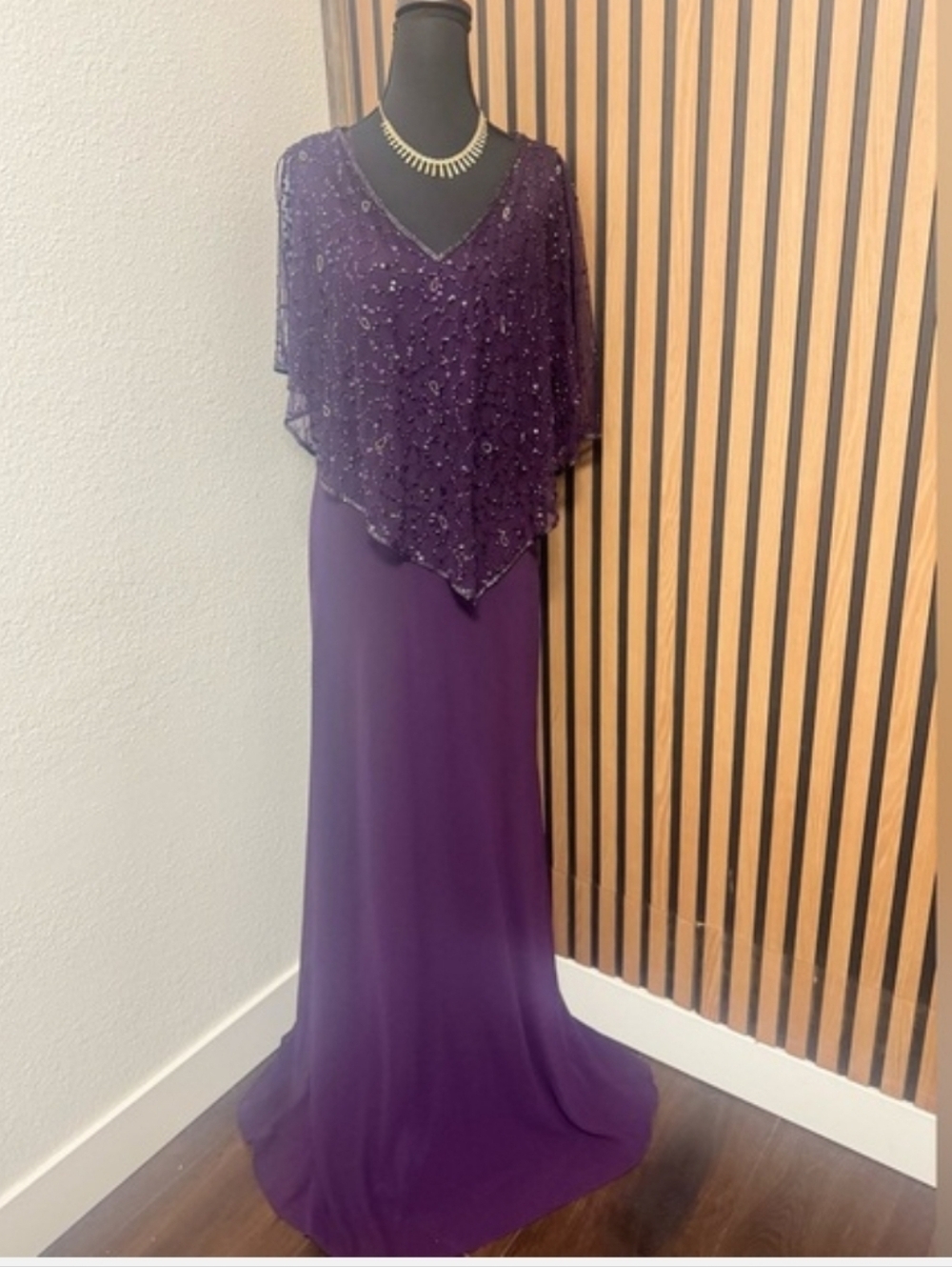 J Kara Purple Beaded Cape Gown - Picture 5 of 6
